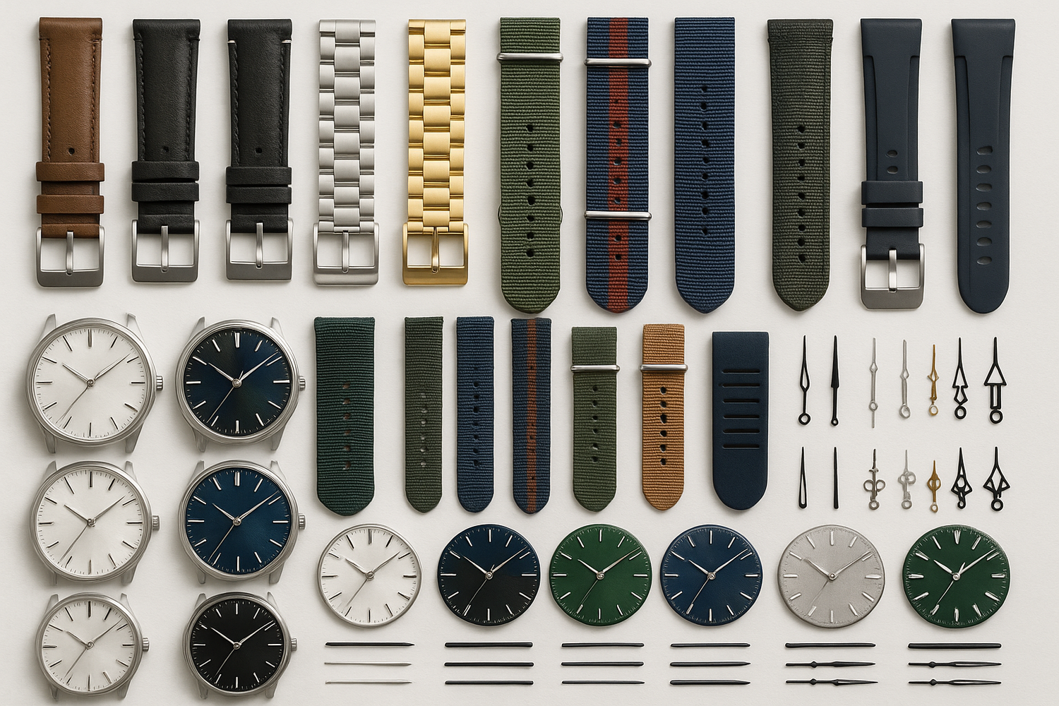 L'image représente une multitude de choix concernant différent bracelet, cadran, aiguille d'une montre